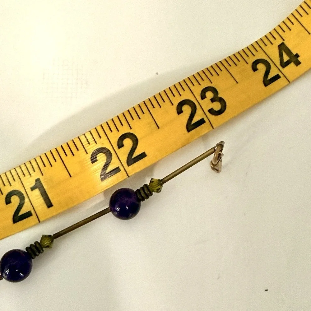 Vtg Amethyst Beaded Necklace Brass Tone Green Crystal Accent Boho Chic Fairy 23